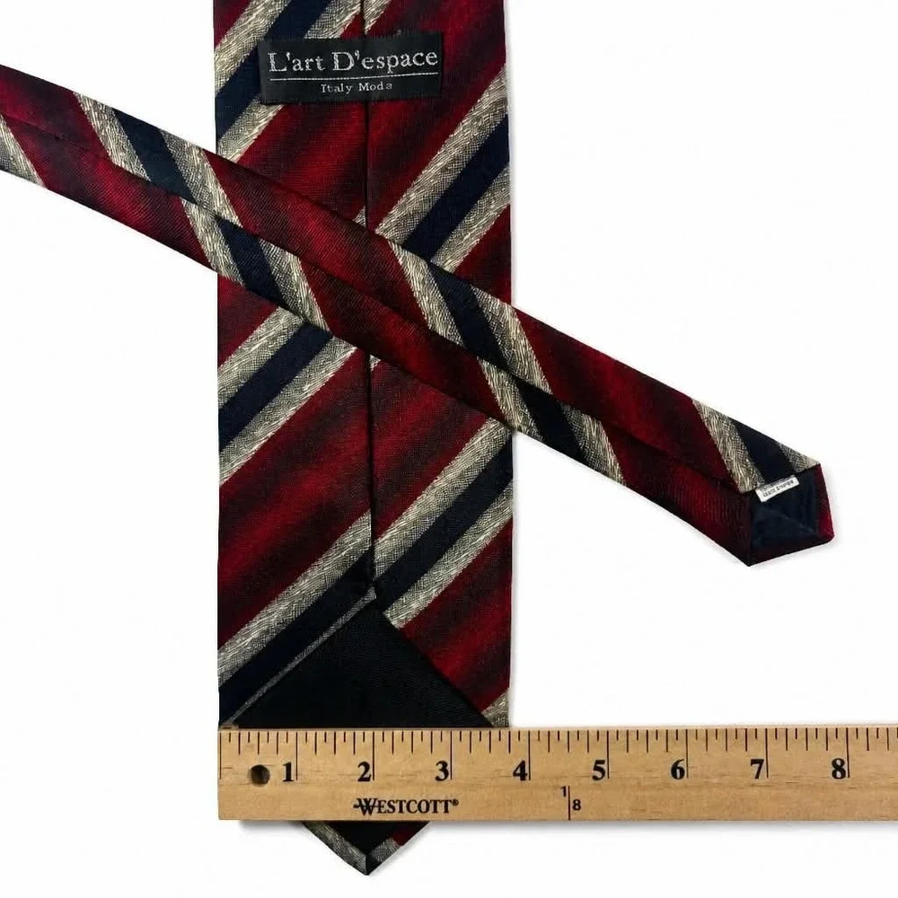 L'art D'espace Tie Mens Red Navy Blue Silver Diagonal Stripe Italian Necktie